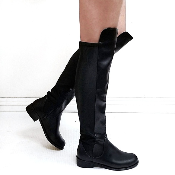 New Black Over the Knee Elastic Back Panel Boots - Picture 2 of 4